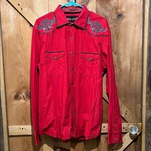 Stylish Red Western Embroidered Casual Button Down Shirt